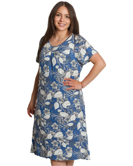 Права рокля с джобчета и цветен десен в синьо - Maxi Market