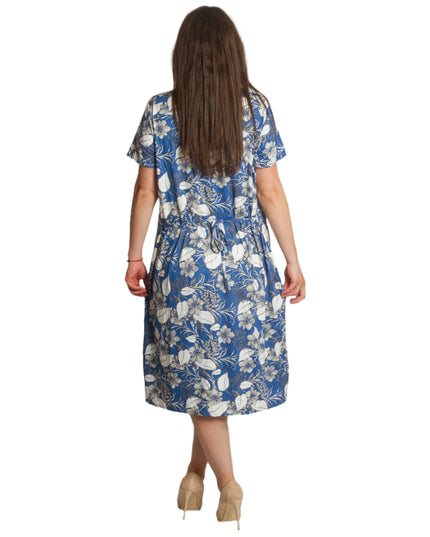 Права рокля с джобчета и цветен десен в синьо - Maxi Market