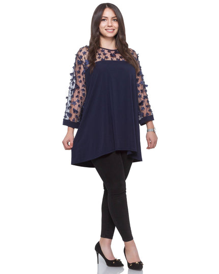 Празнична туника с еластичен тюл на цветя - 3XL,4XL,5XL - Maxi Market