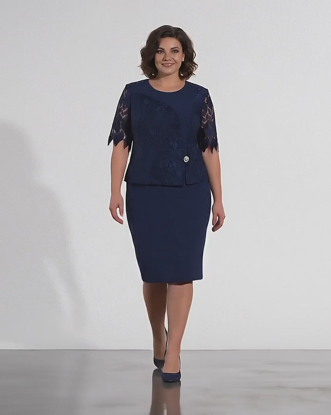 Rochie dreaptă elegantă, din dantelă, cu broșă, de culoare albastră