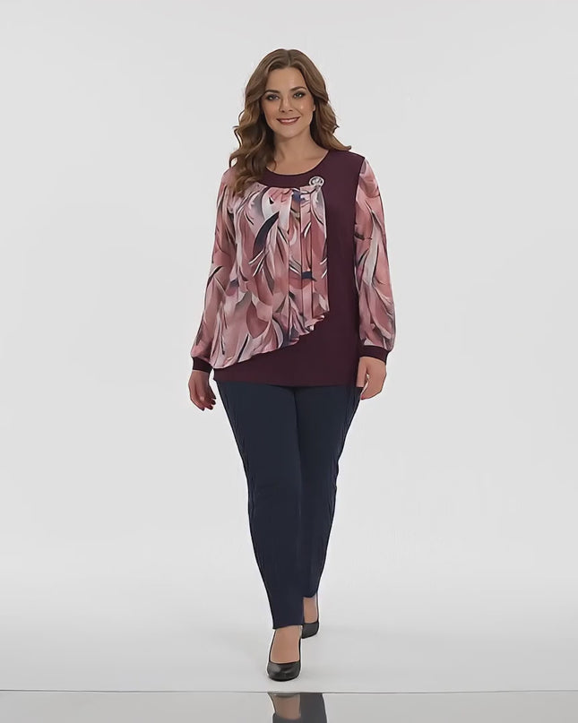 Tunică maxi oficială evazată, bordo, cu șifon colorat și broșă