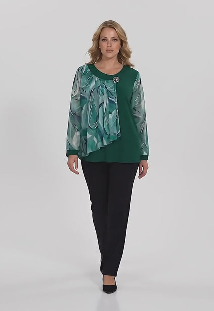 Видео на модел в студийна среда, представящ Официална разкроена макси туника с флорален шифон в масленозелено