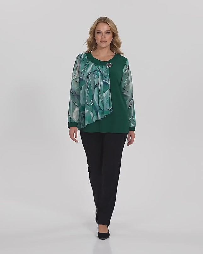 Видео на модел в студийна среда, представящ Официална разкроена макси туника с флорален шифон в масленозелено