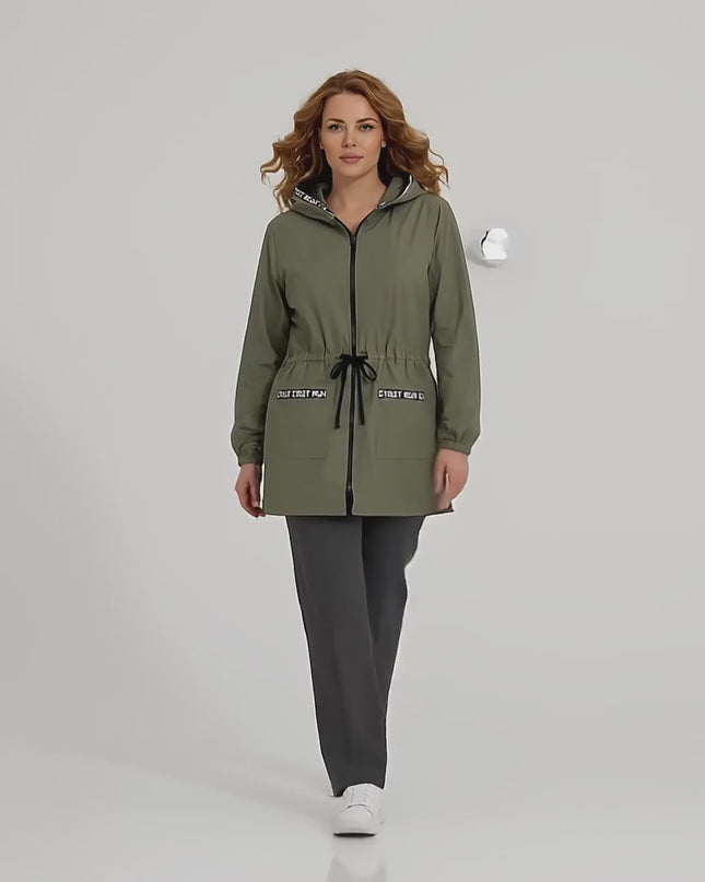 Geacă de vânt de damă, de zi cu zi, cu glugă și șnururi, de culoare kaki