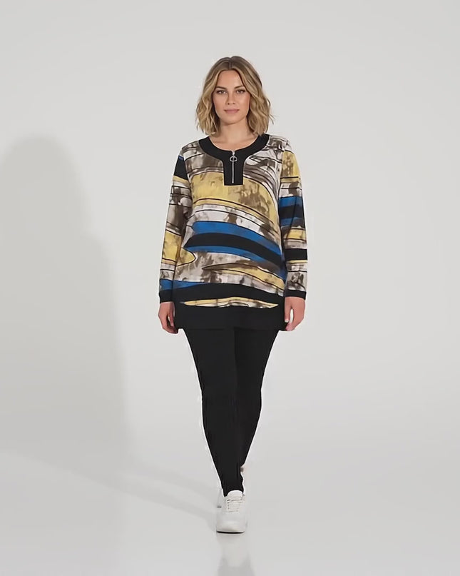 Tunică lungă maxi cu fermoar și imprimeu multicolor