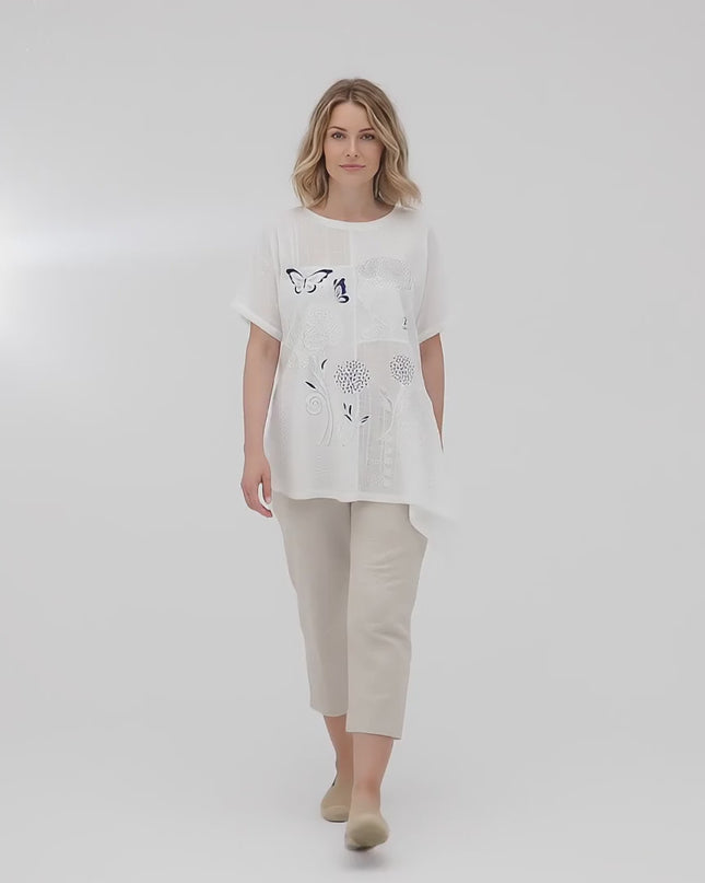 Продуктово видео в студио на неутрален фон в което плюс сайз модел върви бавно към камерата облечена в Бяла лятна памучна туника големи размери с флорална апликация и дантела