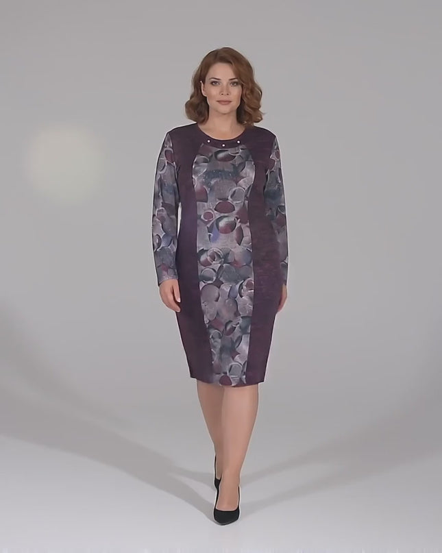 Rochie Dreaptă Oficială în Melanj Mov cu Imprimeu