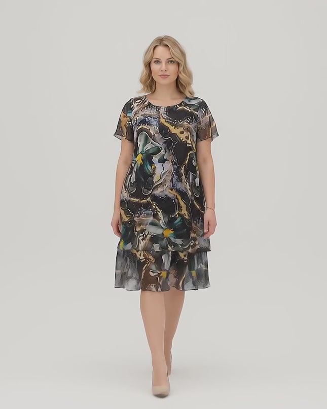 Видео в студийна среда, на което макси модел върви бавно към камерата, носейки Официална разкроена макси рокля от шифон в шарен десен