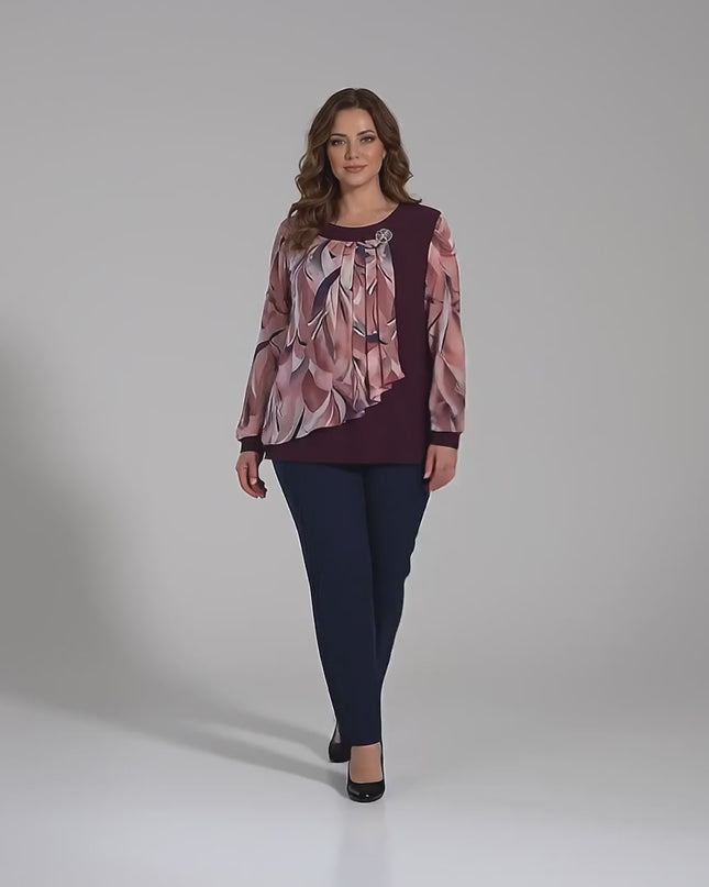 Tunică maxi oficială evazată, bordo, cu șifon colorat și broșă