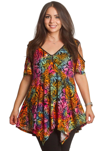 Разкроена дълга туника в големи размери с цветен принт - Maxi Market