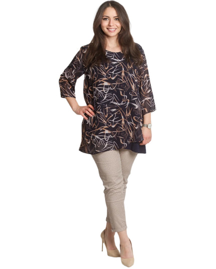 Разкроена тъмносиня туника с 3/4 ръкави и шифон - Maxi Market