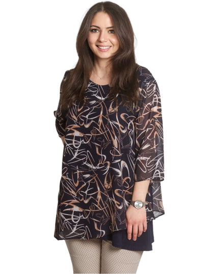 Разкроена тъмносиня туника с 3/4 ръкави и шифон - Maxi Market