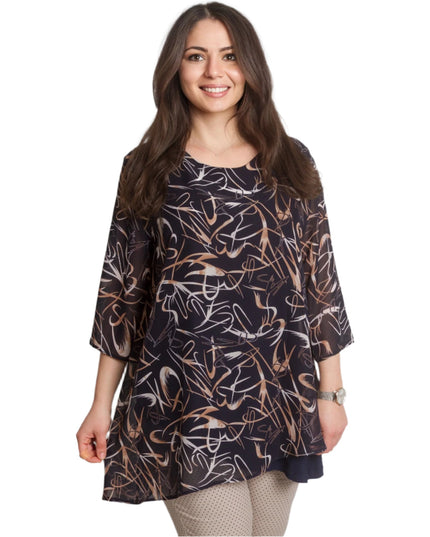 Разкроена тъмносиня туника с 3/4 ръкави и шифон - Maxi Market