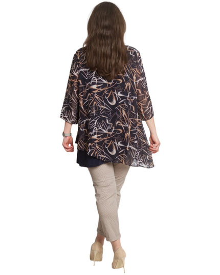 Разкроена тъмносиня туника с 3/4 ръкави и шифон - Maxi Market