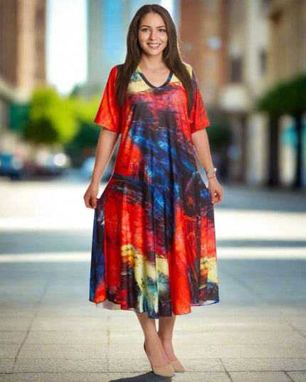 Рокля в големи размери с разкроена кройка и V - деколте - Maxi Market