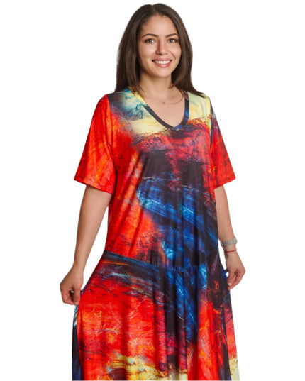 Рокля в големи размери с разкроена кройка и V - деколте - Maxi Market