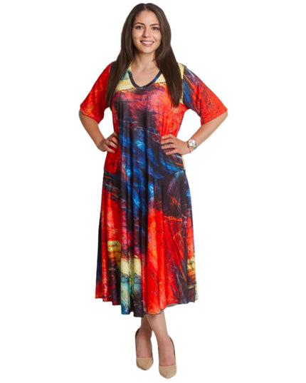 Рокля в големи размери с разкроена кройка и V - деколте - Maxi Market