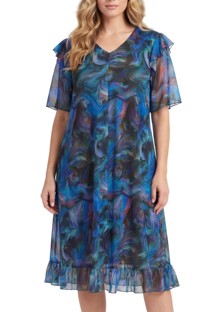 Шарена официална рокля големи размери с ефектен ръкав и шифон, отличаваща се с абстрактен принт в синьо и лилаво, представена в цял ръст отпред.