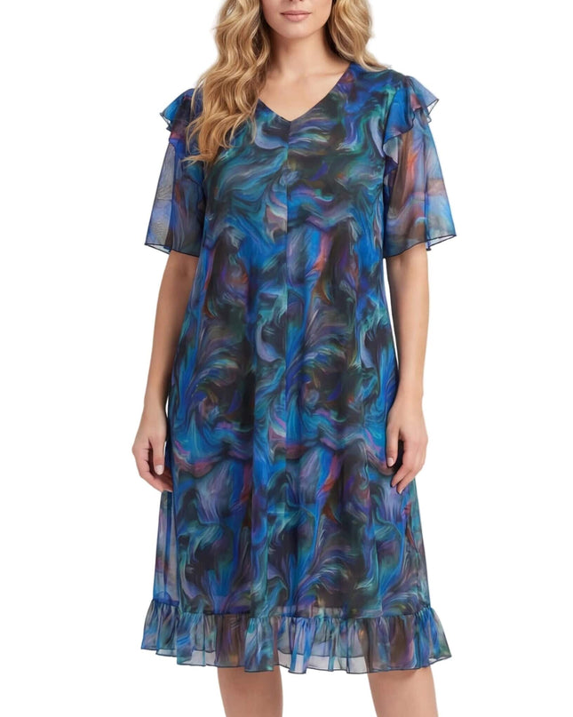 Шарена официална рокля големи размери с ефектен ръкав и шифон, отличаваща се с абстрактен принт в синьо и лилаво, представена в цял ръст отпред.