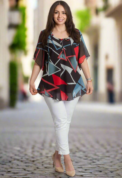 Шифонена туника в геометричен десен и свободна кройка - Maxi Market