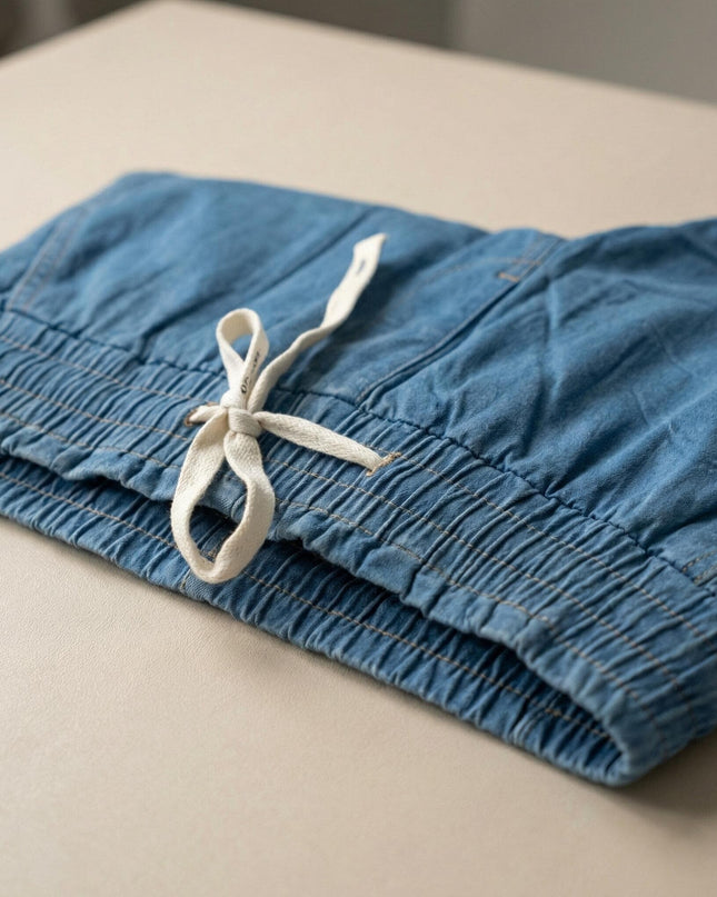 Детайл отблизо на сини летни дънки големи размери, акцент върху удобния ластик на талията с бяла връзка.