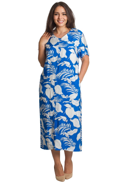 Синя рокля на листа с джобчета и V - деколте в големи размери - Maxi Market