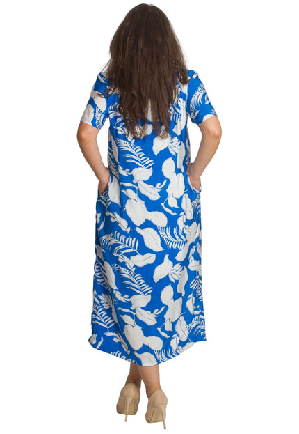 Синя рокля на листа с джобчета и V - деколте в големи размери - Maxi Market