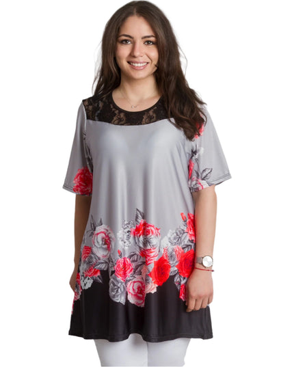 Сива елегантна туника с флорален бордюр и дантелен акцент - Maxi Market