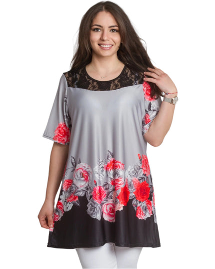 Сива елегантна туника с флорален бордюр и дантелен акцент - Maxi Market