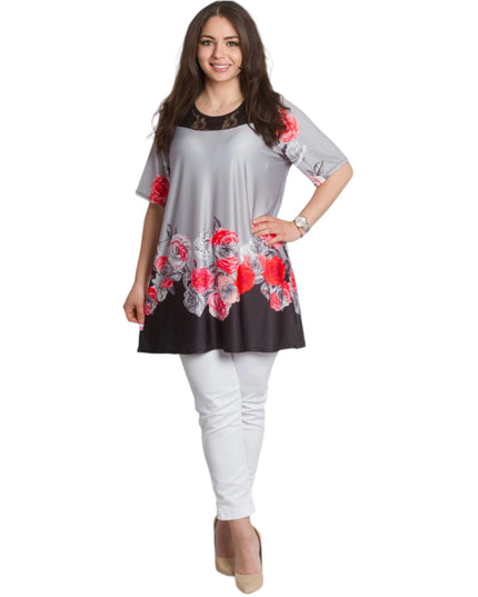 Сива елегантна туника с флорален бордюр и дантелен акцент - Maxi Market