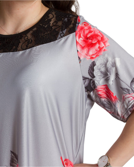 Сива елегантна туника с флорален бордюр и дантелен акцент - Maxi Market