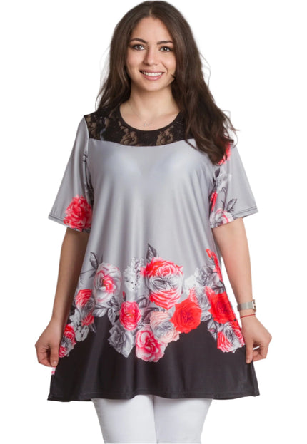 Сива елегантна туника с флорален бордюр и дантелен акцент - Maxi Market