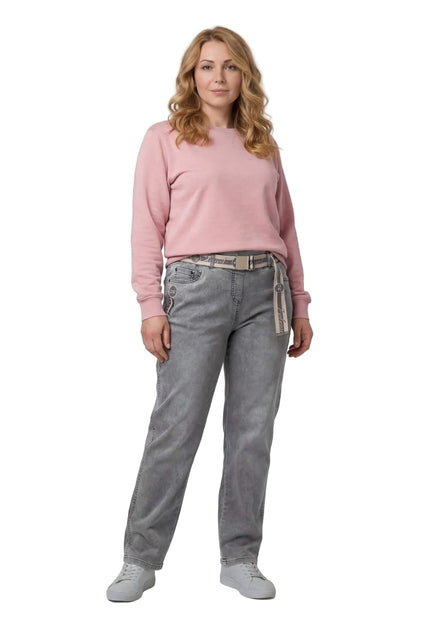 Дамски сиви макси дънки с права кройка и ластик в талията, представени в цял ръст отпред на бял фон.