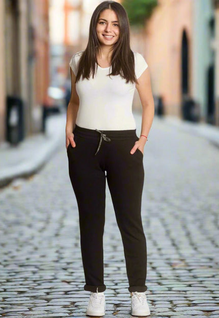 Pantaloni maxi eleganți negri cu elastic în talie și legături