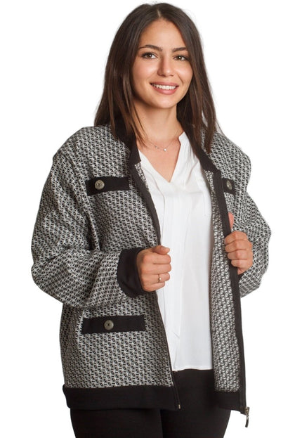 Стилен жакет в големи размери с черно - бял геометричен десен - Maxi Market