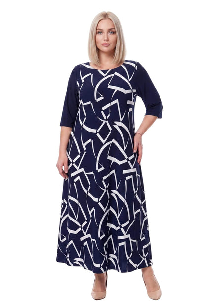 Тъмносиня официална макси рокля с разкроен силует и абстрактен бял принт, представена в цял ръст на бял фон.