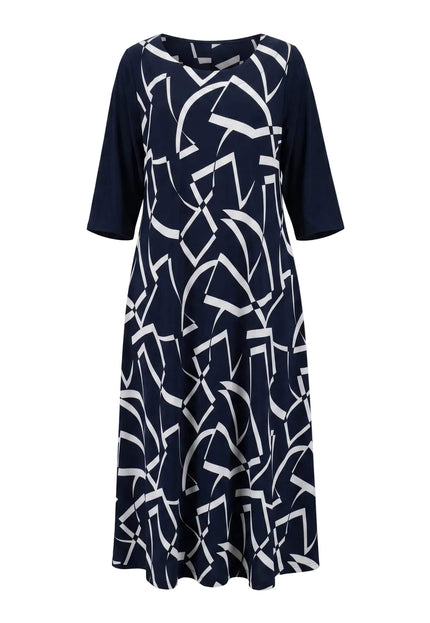 Тъмносиня официална макси рокля с разкроен силует, плосък кадър отпред на бял фон.