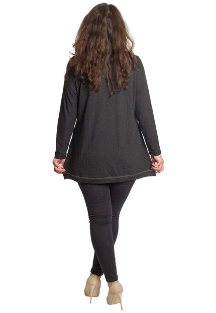 Тъмносива макси туника с живописен цветен ефект, снимана отзад в цял ръст, показваща изчистения гръб и свободната кройка.