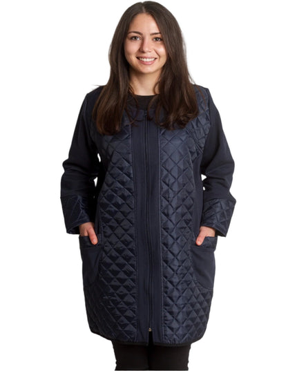 Тъмносин капитониран жакет с джобове и цип в големи размери - Maxi Market