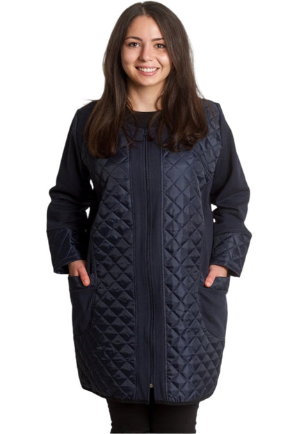 Тъмносин капитониран жакет с джобове и цип в големи размери - Maxi Market