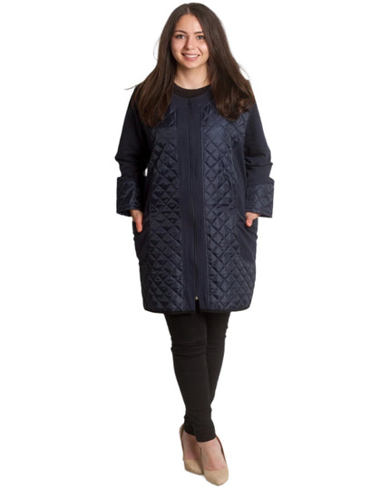 Тъмносин капитониран жакет с джобове и цип в големи размери - Maxi Market