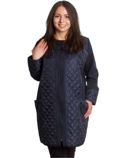 Тъмносин капитониран жакет с джобове и цип в големи размери - Maxi Market