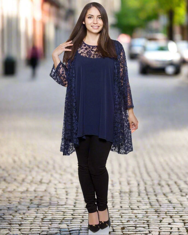 Set jachetă și top cu flori albastru bleumarin - Îmbrăcăminte formală elegantă pentru femei