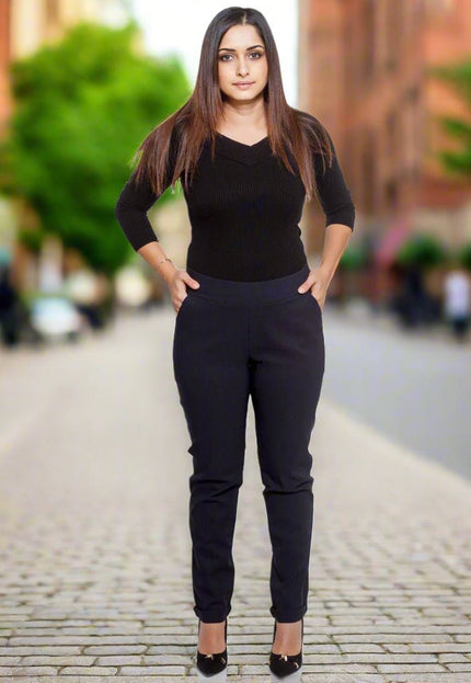 Pantaloni maxi eleganți negri cu elastic în talie și legături