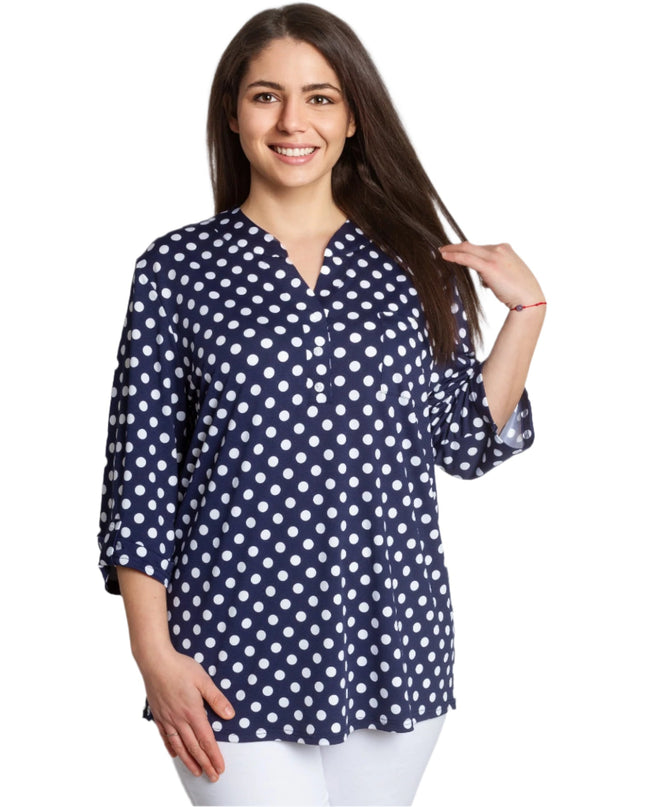 Тъмносиня макси риза на бели точки с V - образно деколте 5XL 6XL 7XL - Maxi Market