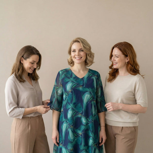 Три жени разглеждат макси рокля като едната я пробва а другите я харесват и обсъждат