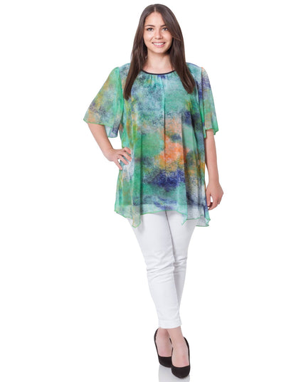 Цветна шифонена туника в макси размери - Абстрактен десен - Свободна кройка - Официални събития - Пролет - Лято - Maxi Market