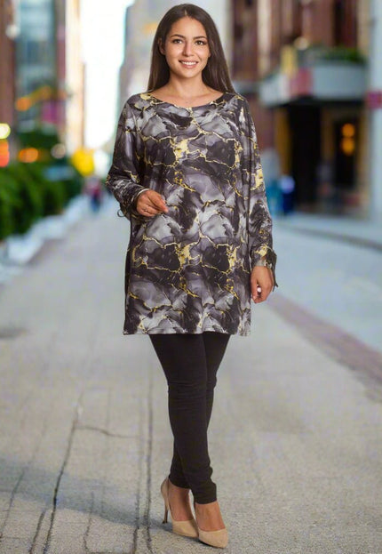 Туника с многоцветен мраморен десен и лодка деколте - Maxi Market