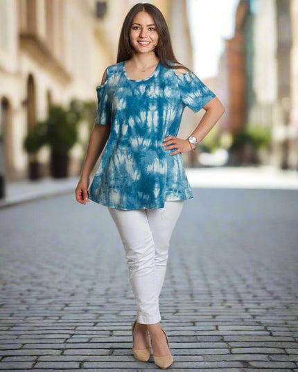 Туника в големи размери с отворени рамене в син цвят - Maxi Market