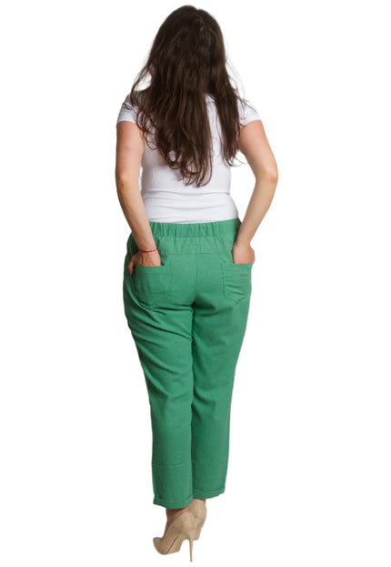 Зелен ленен панталон с джобове и връзки в големи размери - Maxi Market
